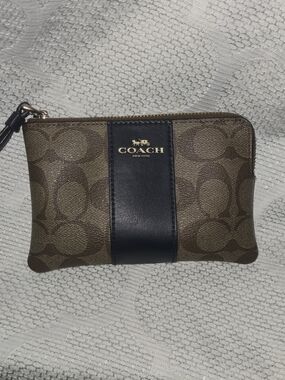 Coach Signature Canvas Wristlet in Brown with Navy Stripe